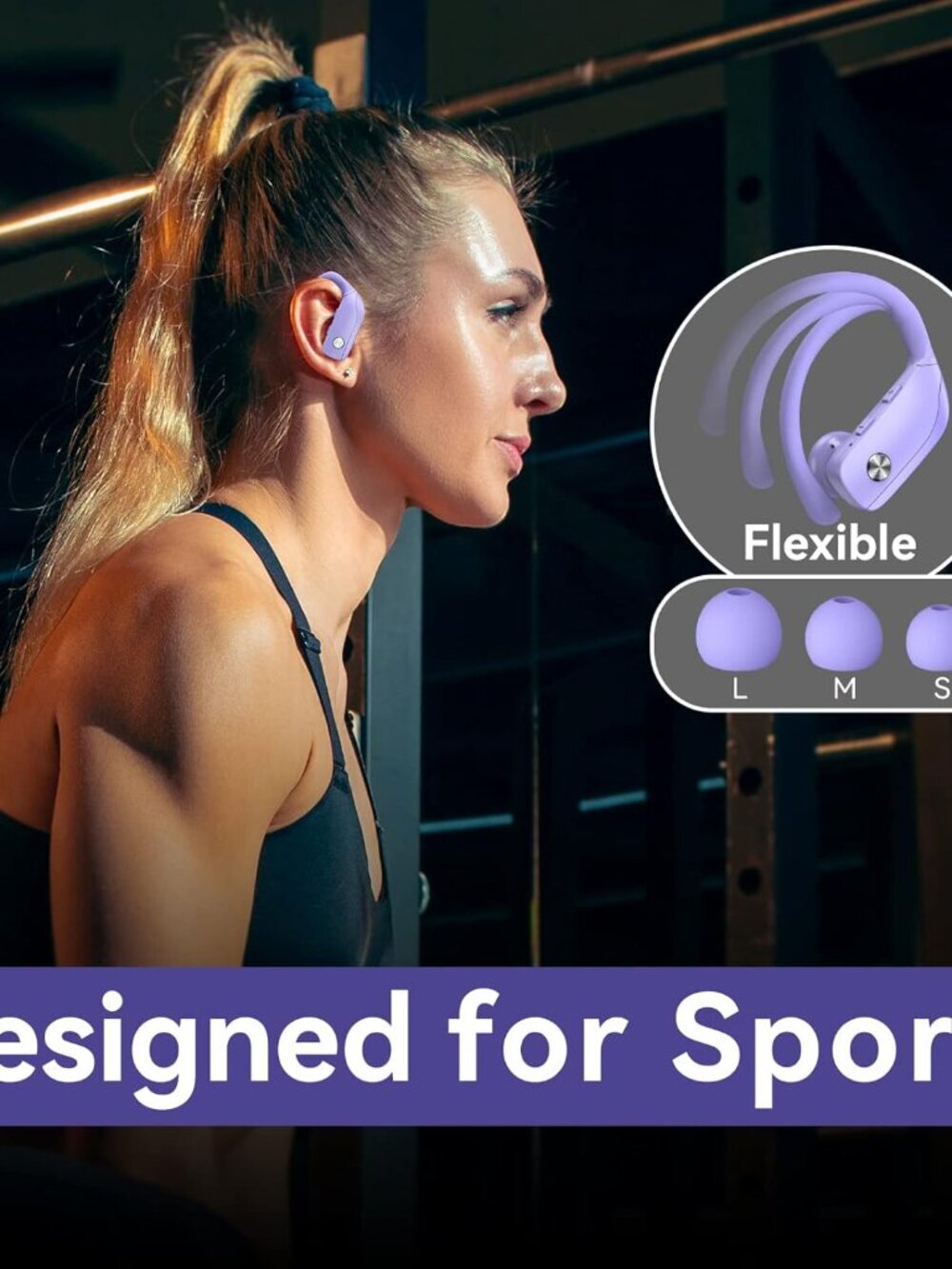 Purple Wireless Earbuds Bluetooth LED Display Ear-hooks Built-in Mic Headset - Picture 6 of 6